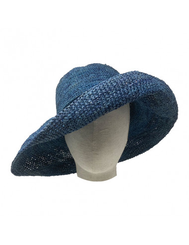 E107 Chapeau Femme raphia crochez Rabarany bleu porté