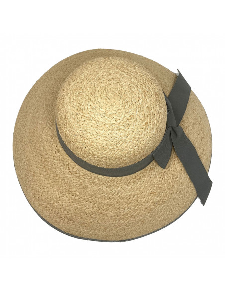 Grande capeline été raphia tresse gris haut