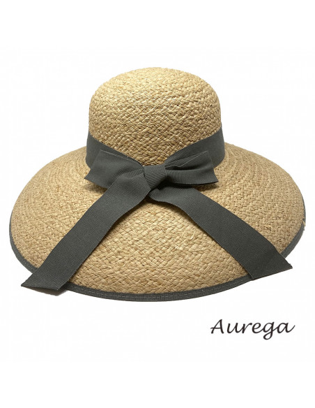 Grande capeline été raphia tresse gris profil