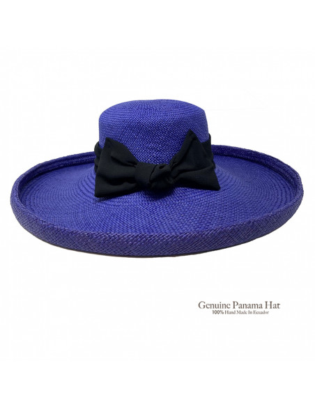 Chapeau femme paille panama large bord H004 bleu dos