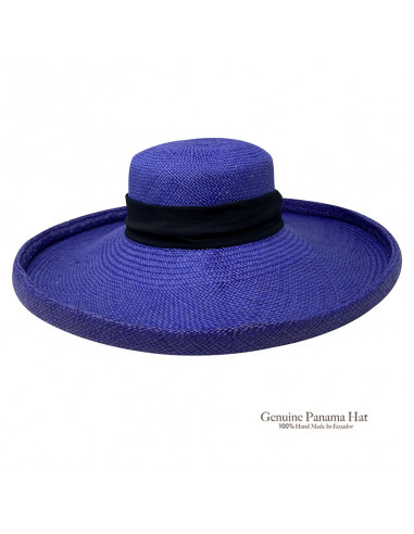 Chapeau femme paille panama large bord H004 bleu face